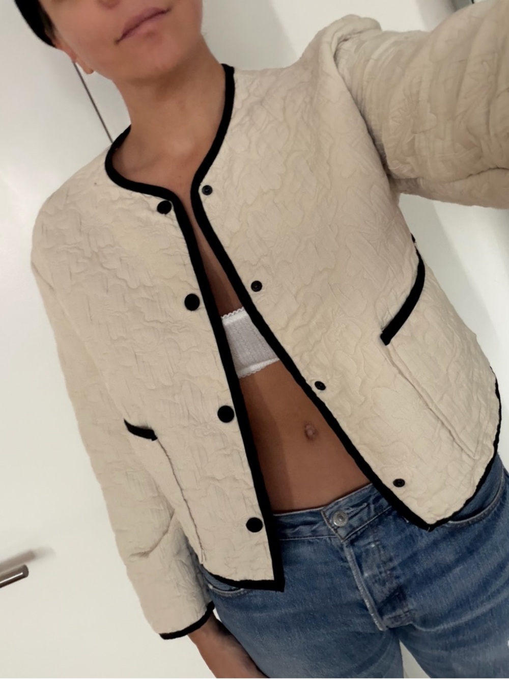 Zara Cream Quilted Jacket with Black Trim
